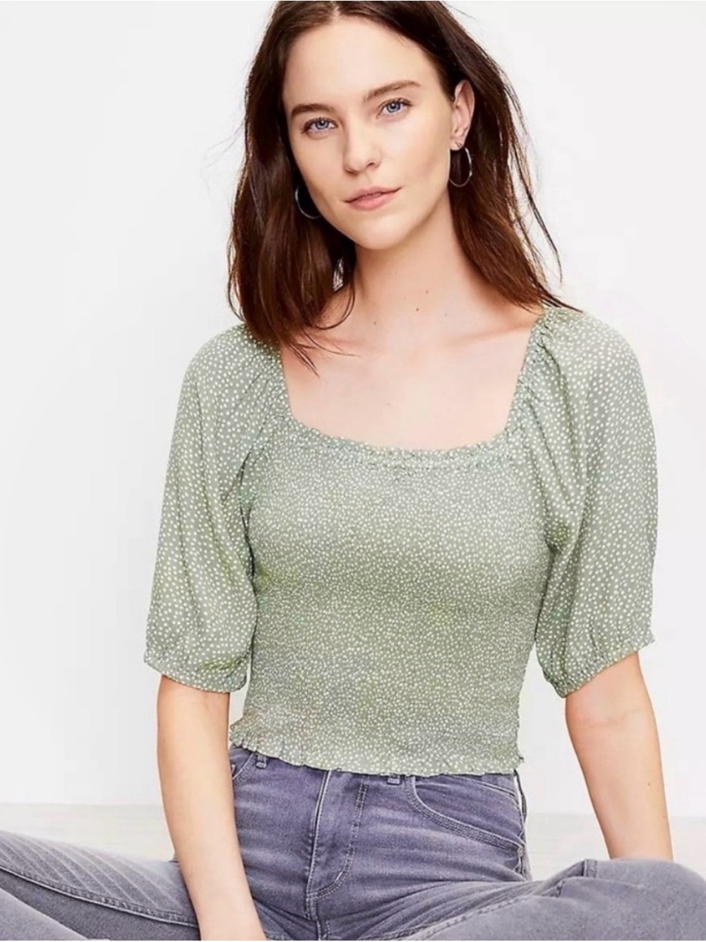 LOFT Green White Polka Dot Smocked Puff Sleeve Square Neck Blouse